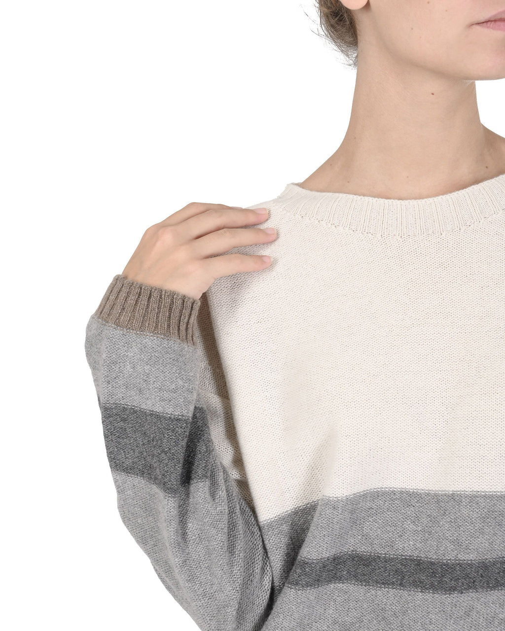 Suéter de cuello barco para mujer de cachemira Crown of Edinburgh COE 0017 GRIS/CREMA/TAUPE