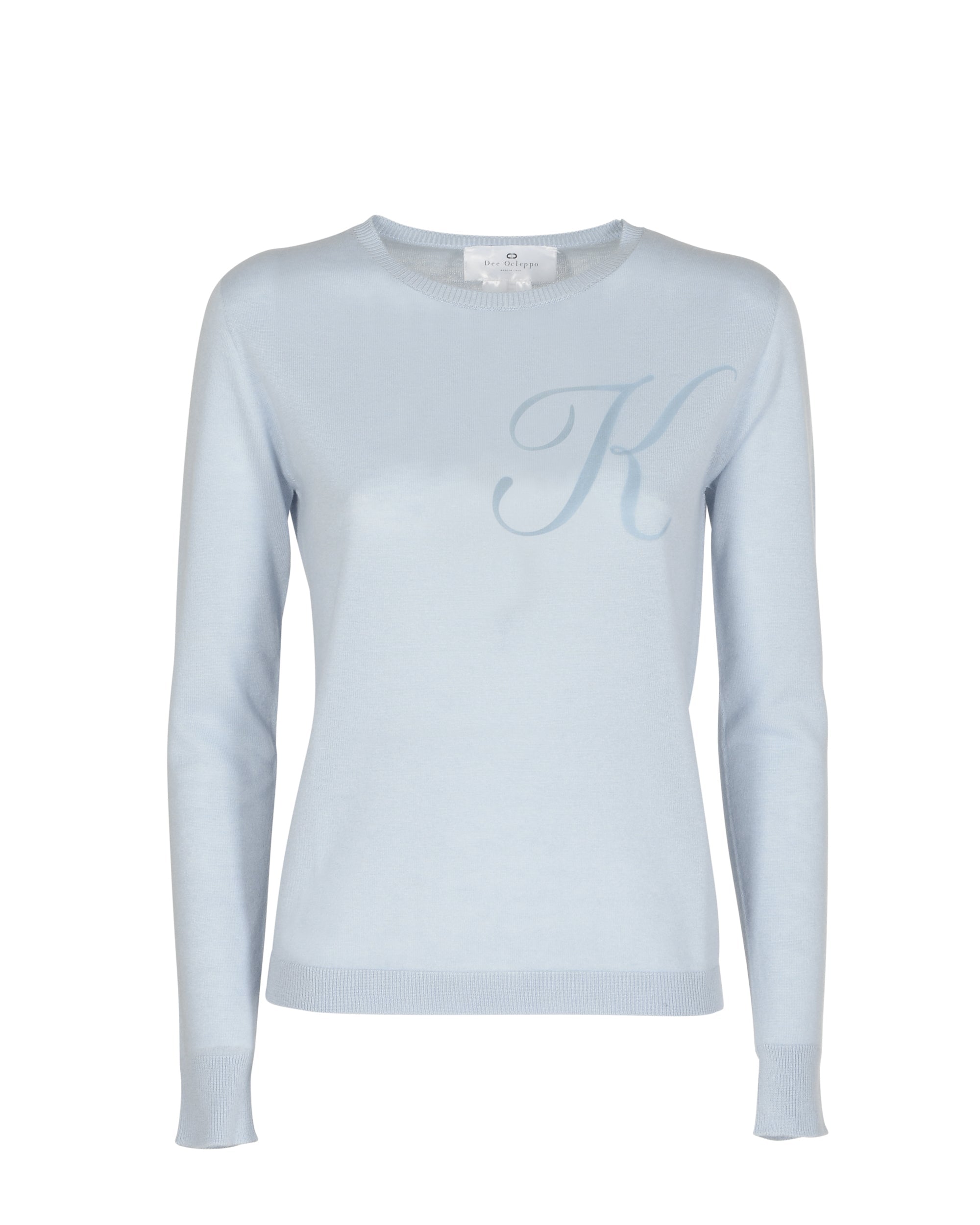 Jersey de cachemira de verano con cuello redondo y manga larga, azul claro