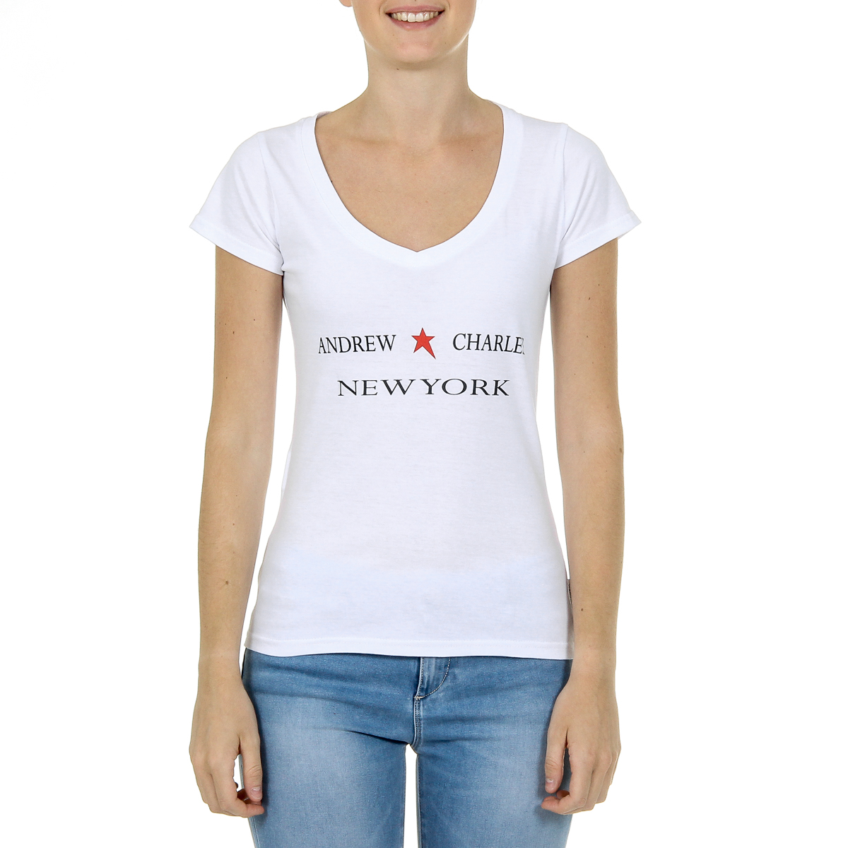 Camiseta Andrew Charles para mujer, manga corta, cuello en V, blanca, TAPIWA