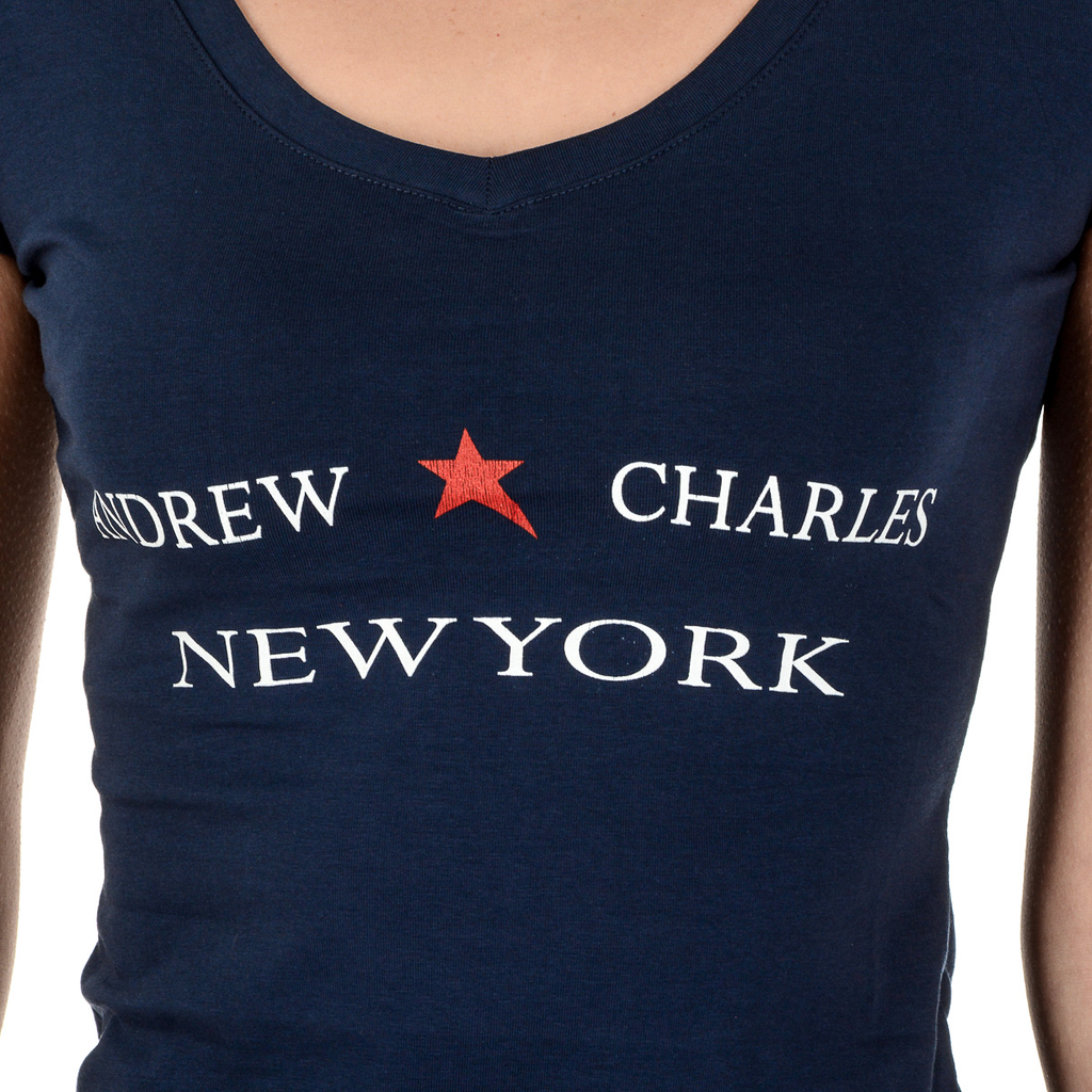 Camiseta Andrew Charles para mujer, manga corta, cuello en V, azul TAPIWA