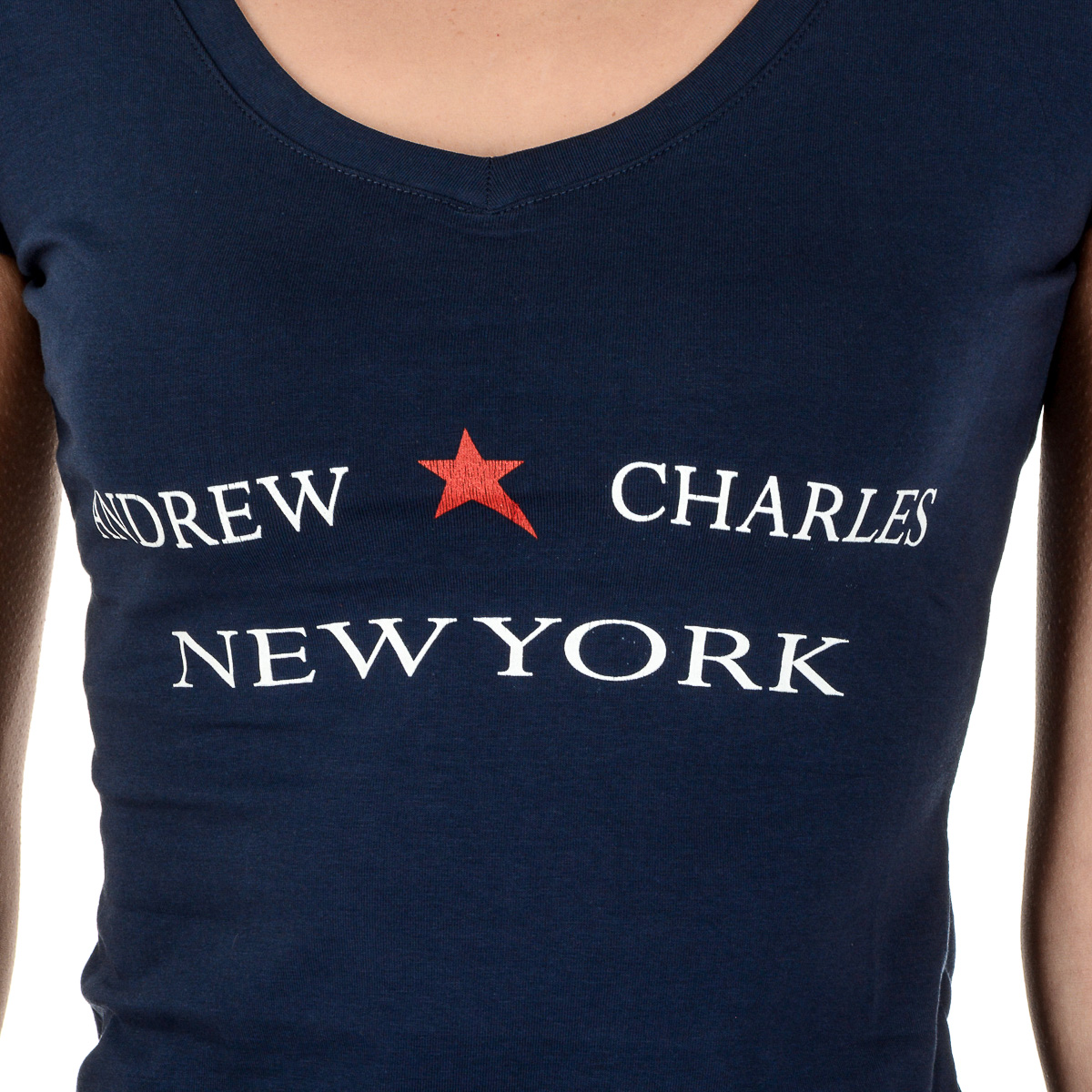 Camiseta Andrew Charles para mujer, manga corta, cuello en V, azul TAPIWA