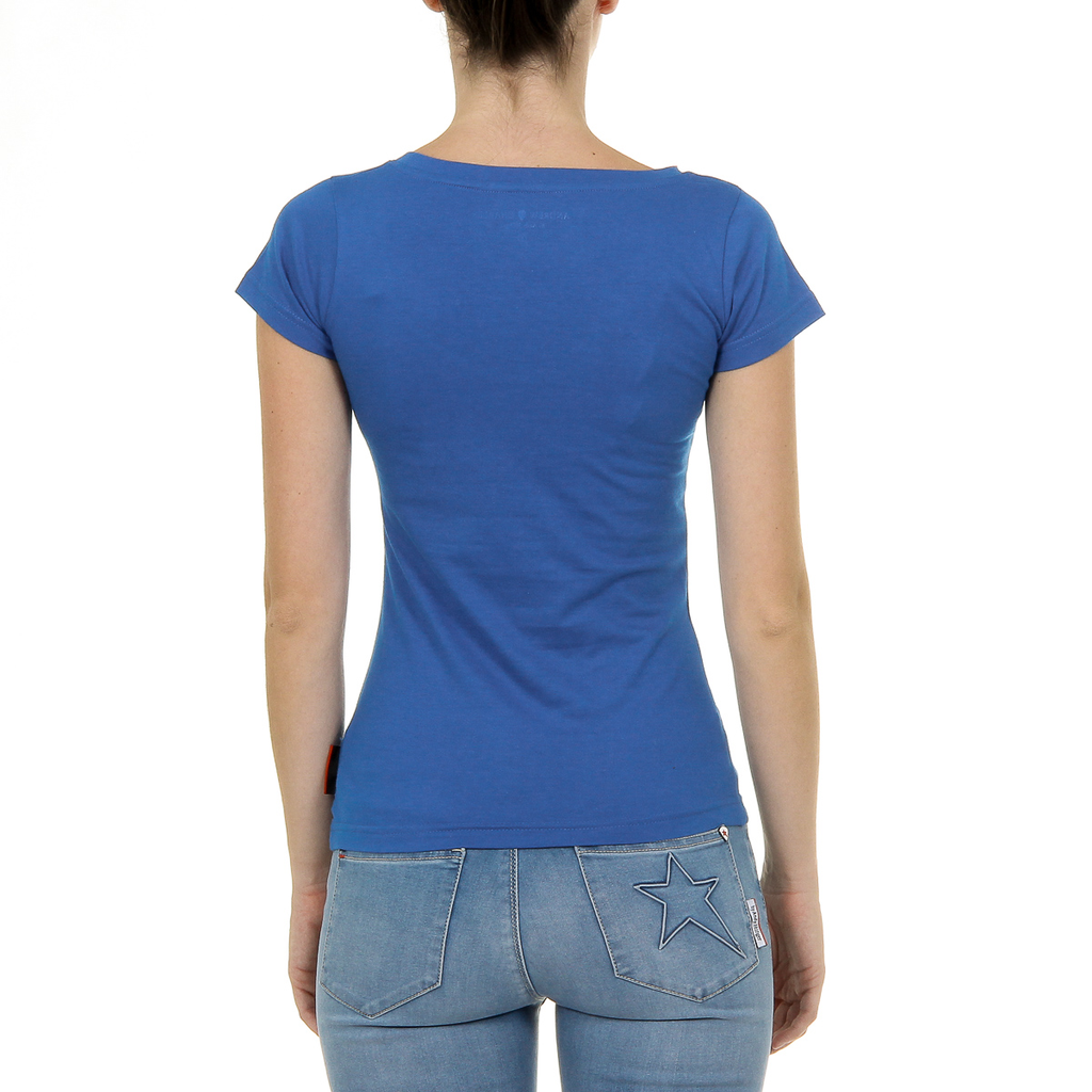 Camiseta Andrew Charles para mujer, manga corta, cuello en V, azul TAPIWA