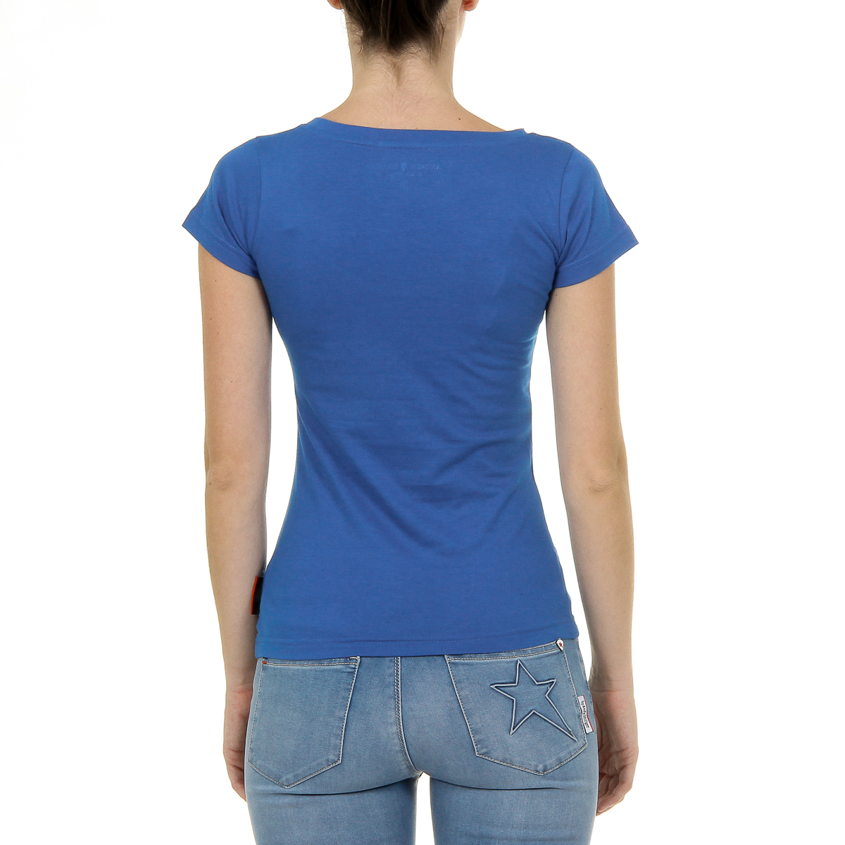 Camiseta Andrew Charles para mujer, manga corta, cuello en V, azul TAPIWA