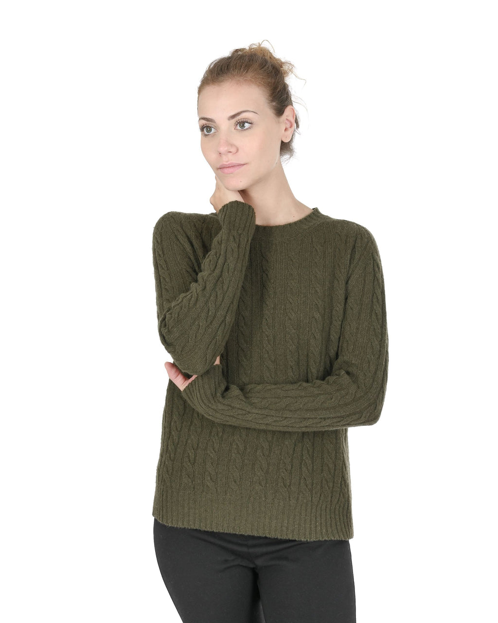 Suéter de cuello redondo para mujer de cachemira Crown of Edinburgh COE 0033 KHAKI