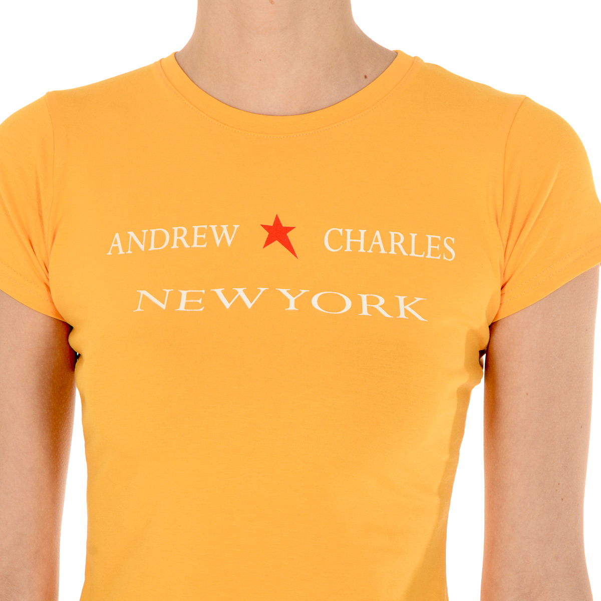 Camiseta Andrew Charles para mujer, manga corta, cuello redondo, amarilla, TARANA