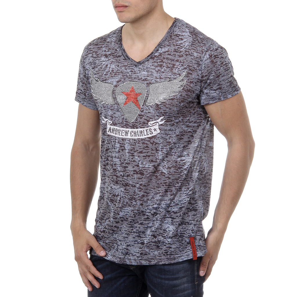Andrew Charles Mens T-Shirt Short Sleeves V-Neck Black ISAAC