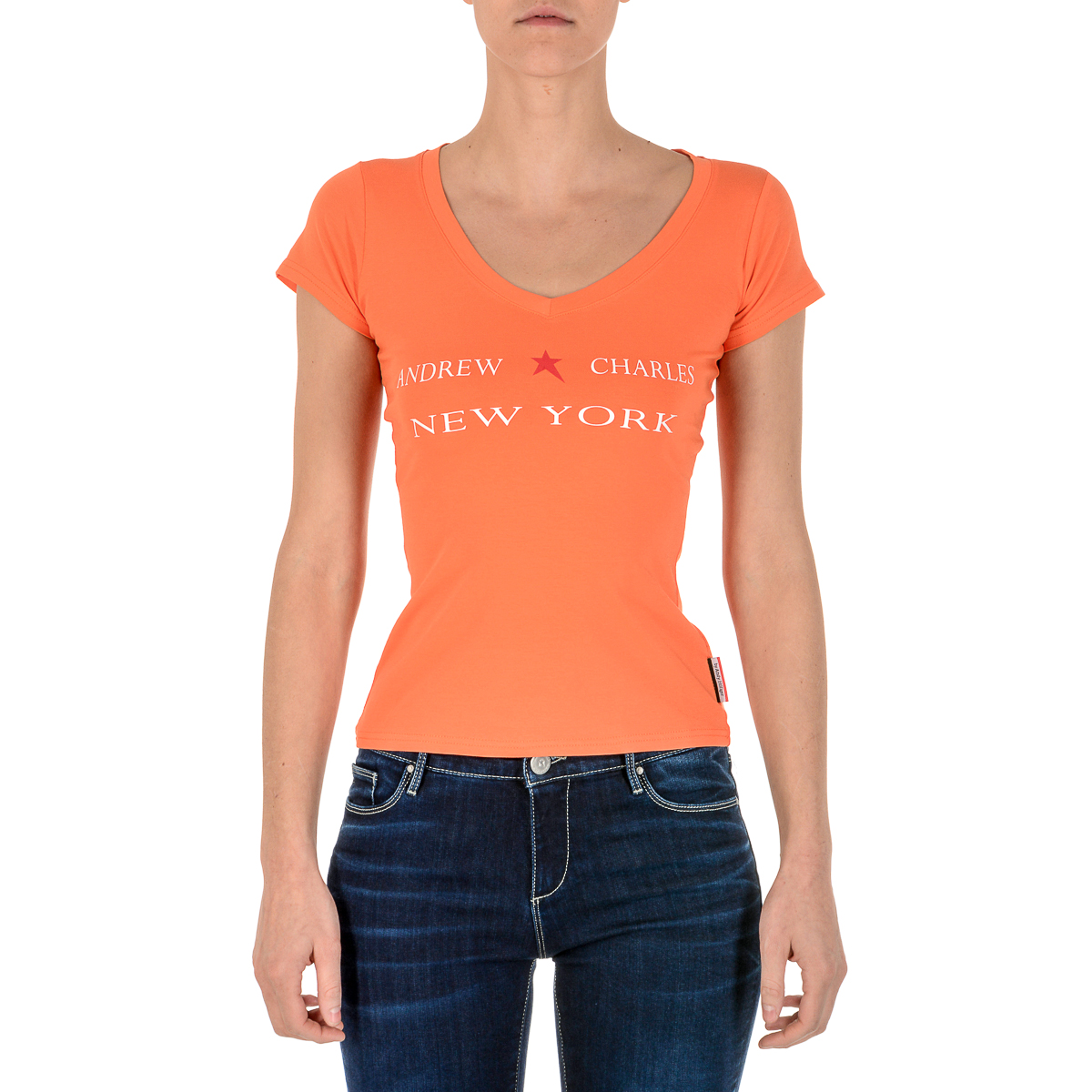 Camiseta Andrew Charles para mujer, manga corta, cuello en V, naranja, TAPIWA