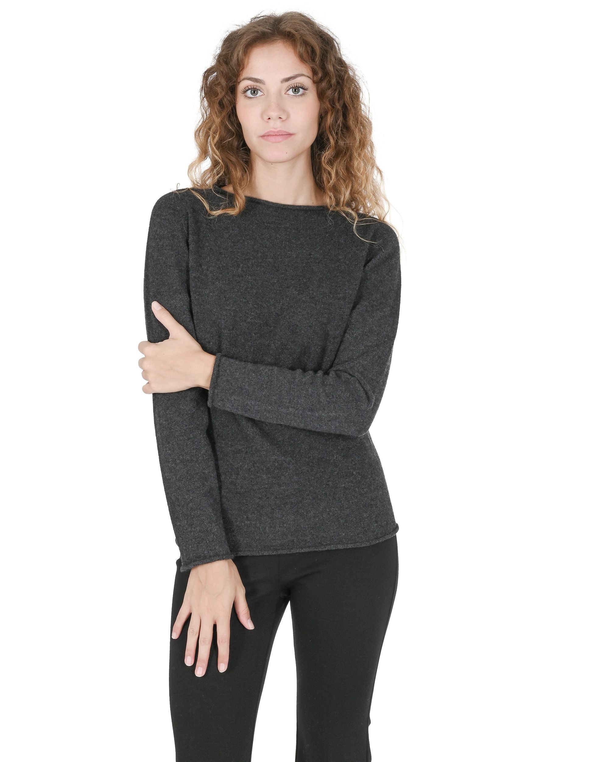 Suéter de cuello barco para mujer de cachemira Crown of Edinburgh COE 0025 GRIS OSCURO