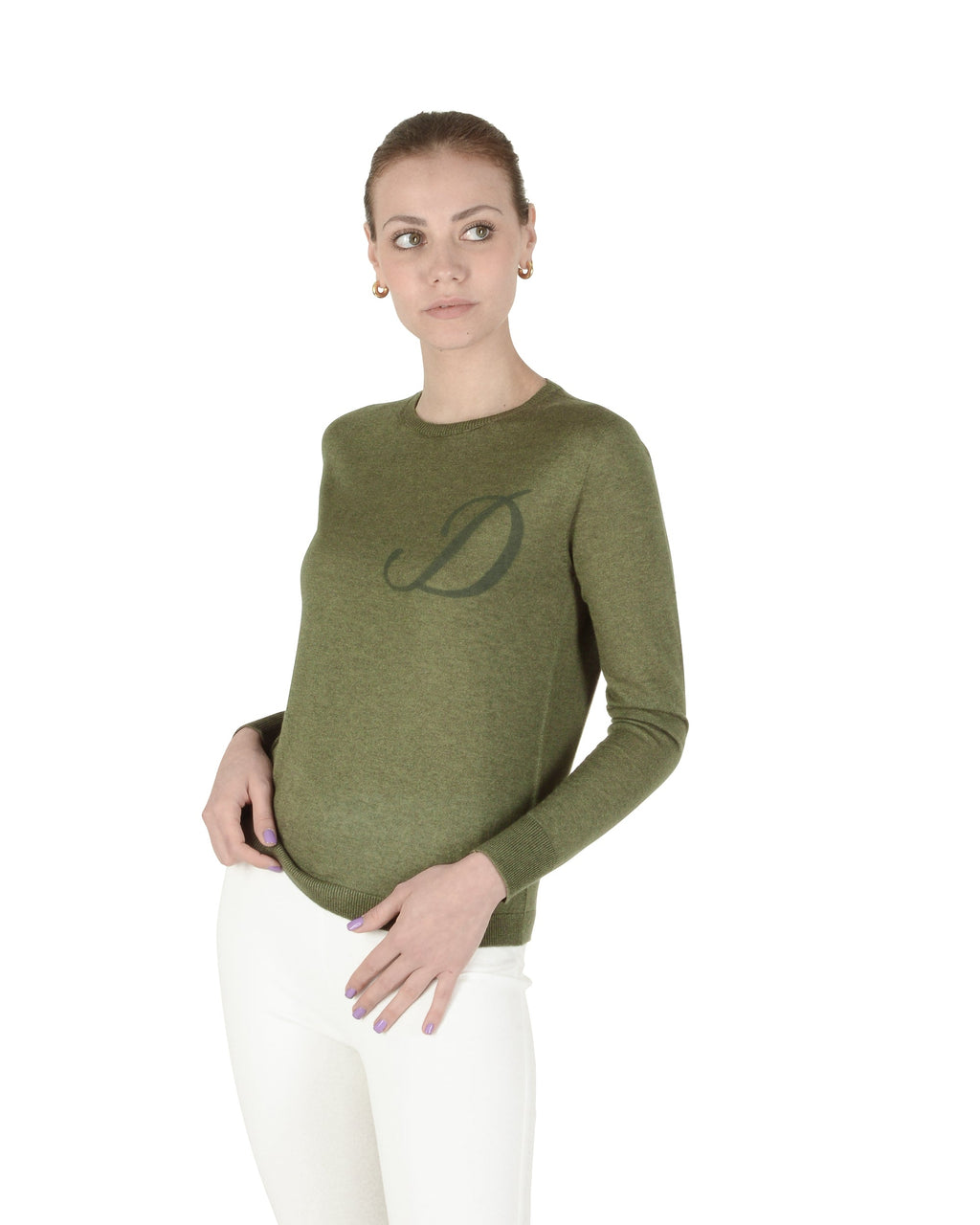 Jersey de cachemira de verano con cuello redondo y manga larga, color verde