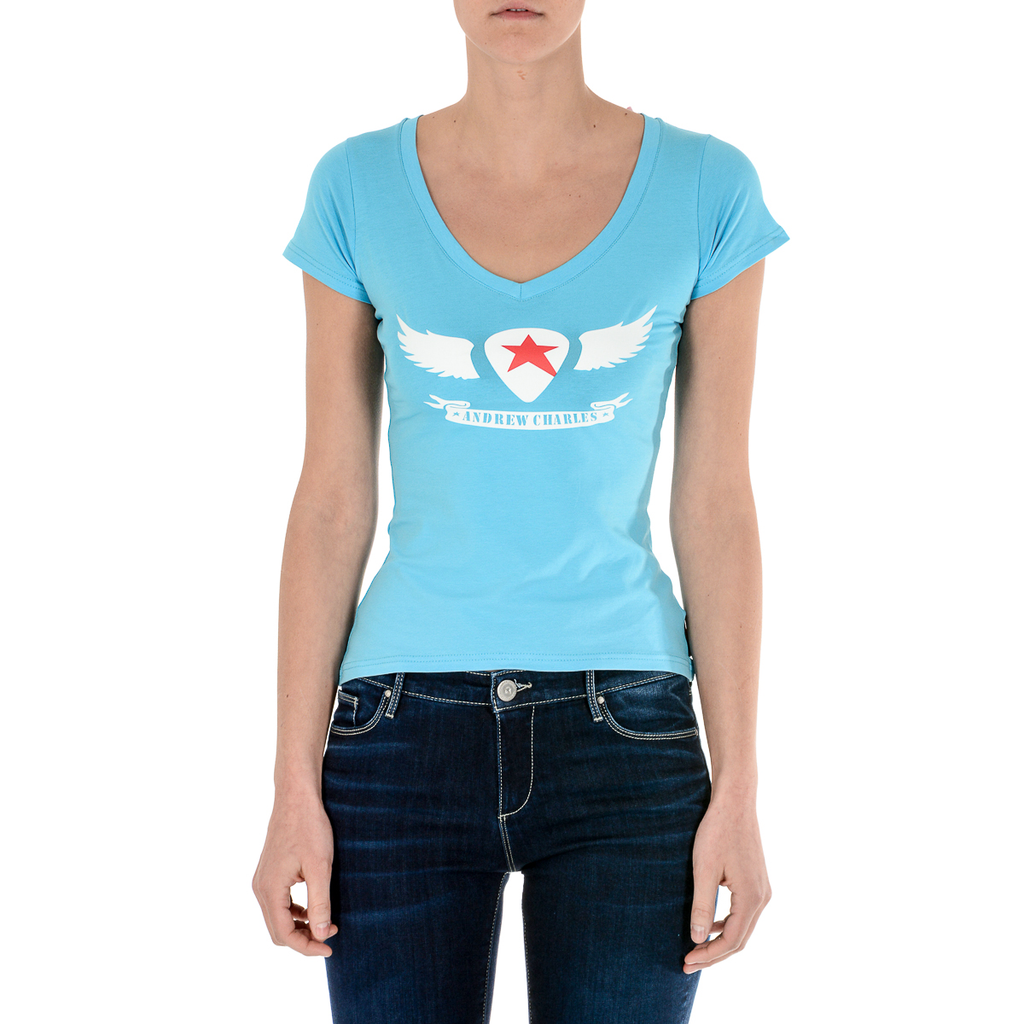 Camiseta Andrew Charles para mujer, manga corta, cuello en V, azul claro TAPIWA