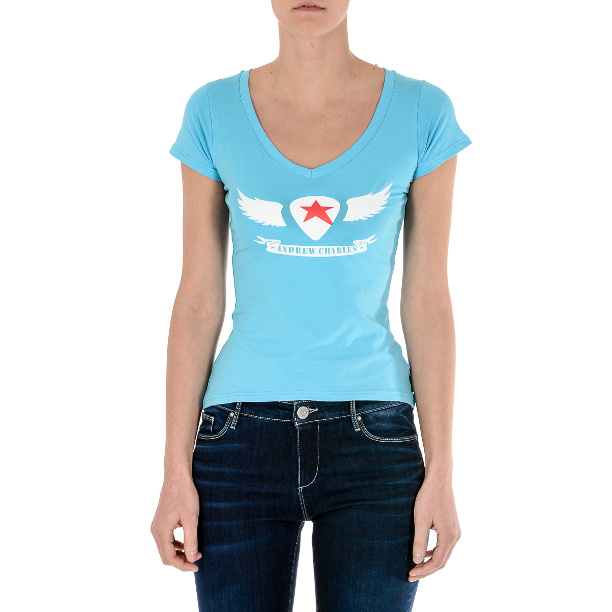 Camiseta Andrew Charles para mujer, manga corta, cuello en V, azul claro TAPIWA