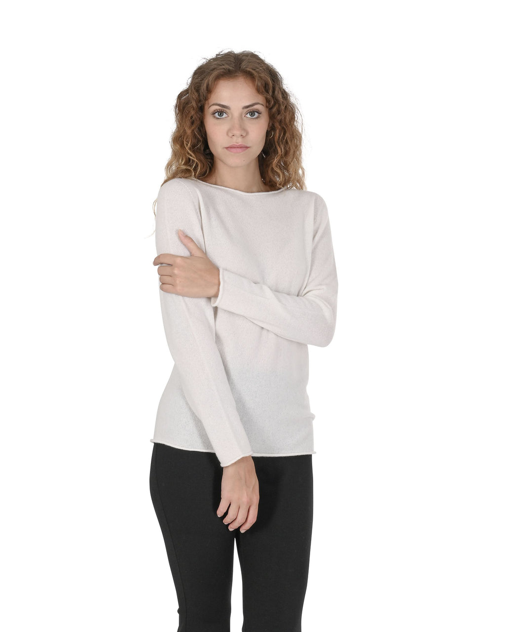 Suéter de cuello barco para mujer de cachemira Crown of Edinburgh COE 0025 CREMA