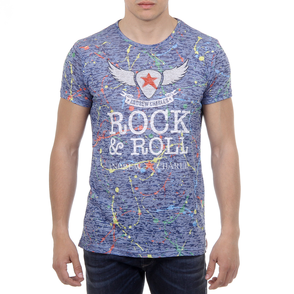 Andrew Charles Mens T-Shirt Short Sleeves Round Neck Blue HUNTER