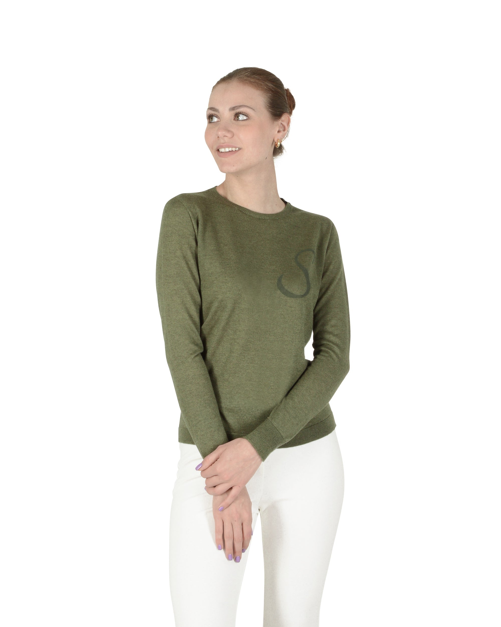 Jersey de cachemira de verano con cuello redondo y manga larga, color verde