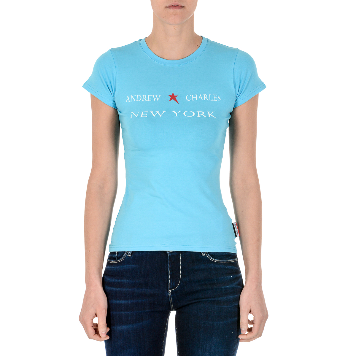 Camiseta Andrew Charles para mujer, manga corta, cuello redondo, azul claro TARANA
