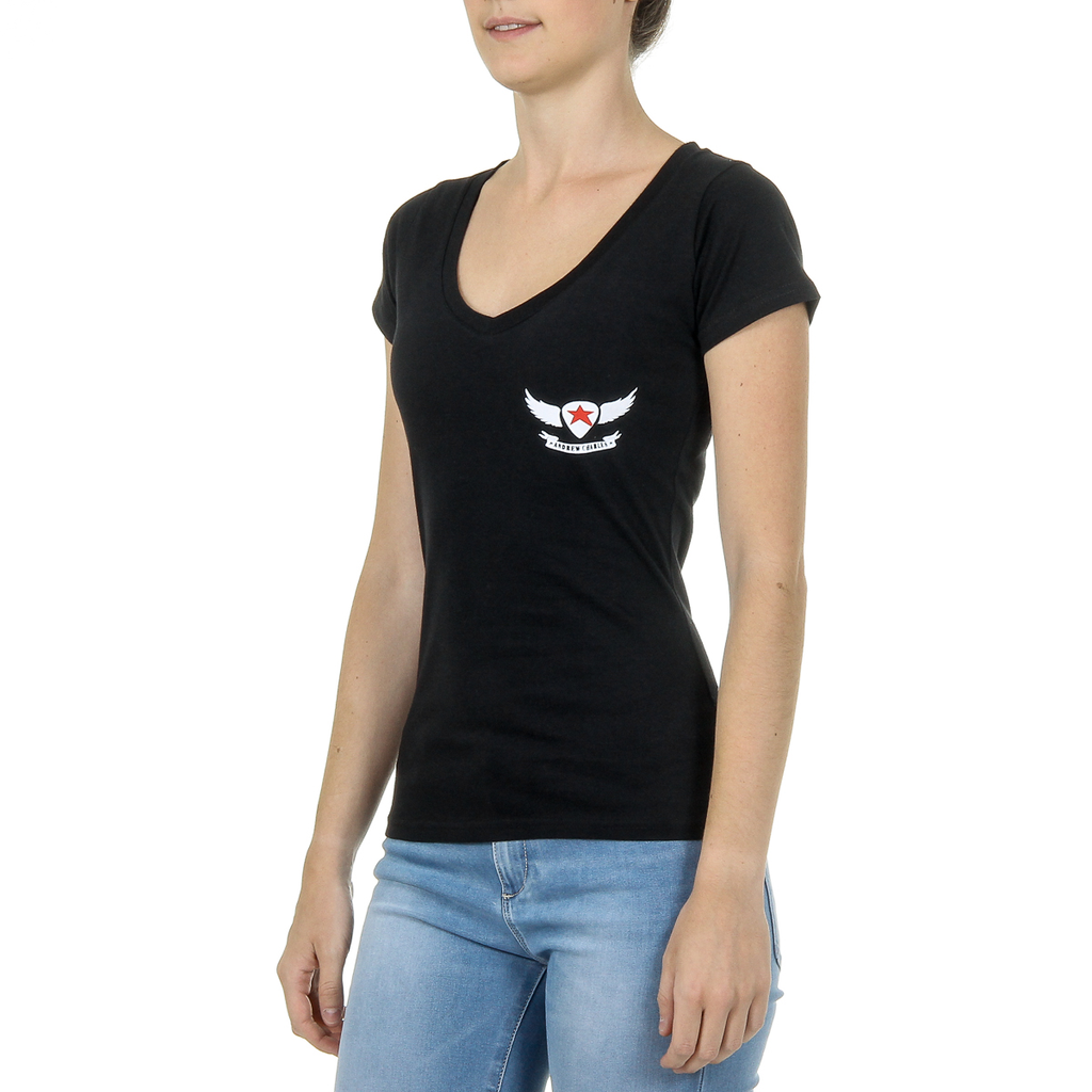 Camiseta Andrew Charles para mujer, manga corta, cuello en V, negra, TAPIWA