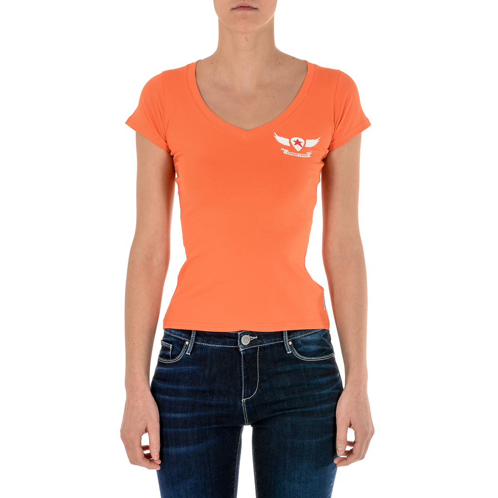 Camiseta Andrew Charles para mujer, manga corta, cuello en V, naranja, TAPIWA
