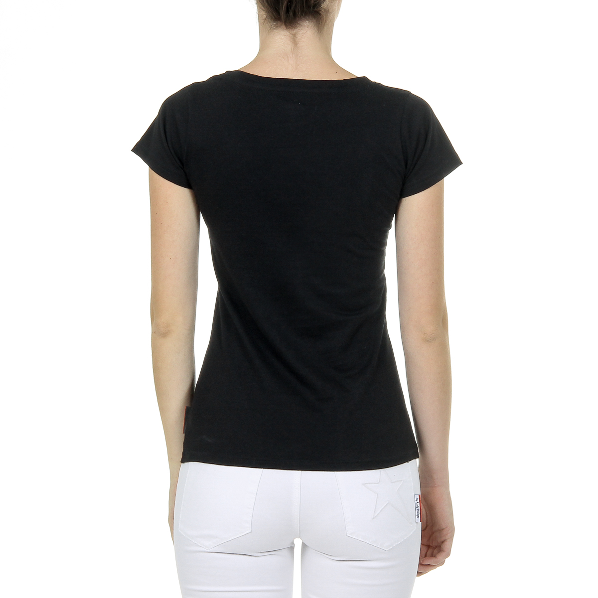 Camiseta Andrew Charles para mujer, manga corta, cuello en V, negra, TAPIWA