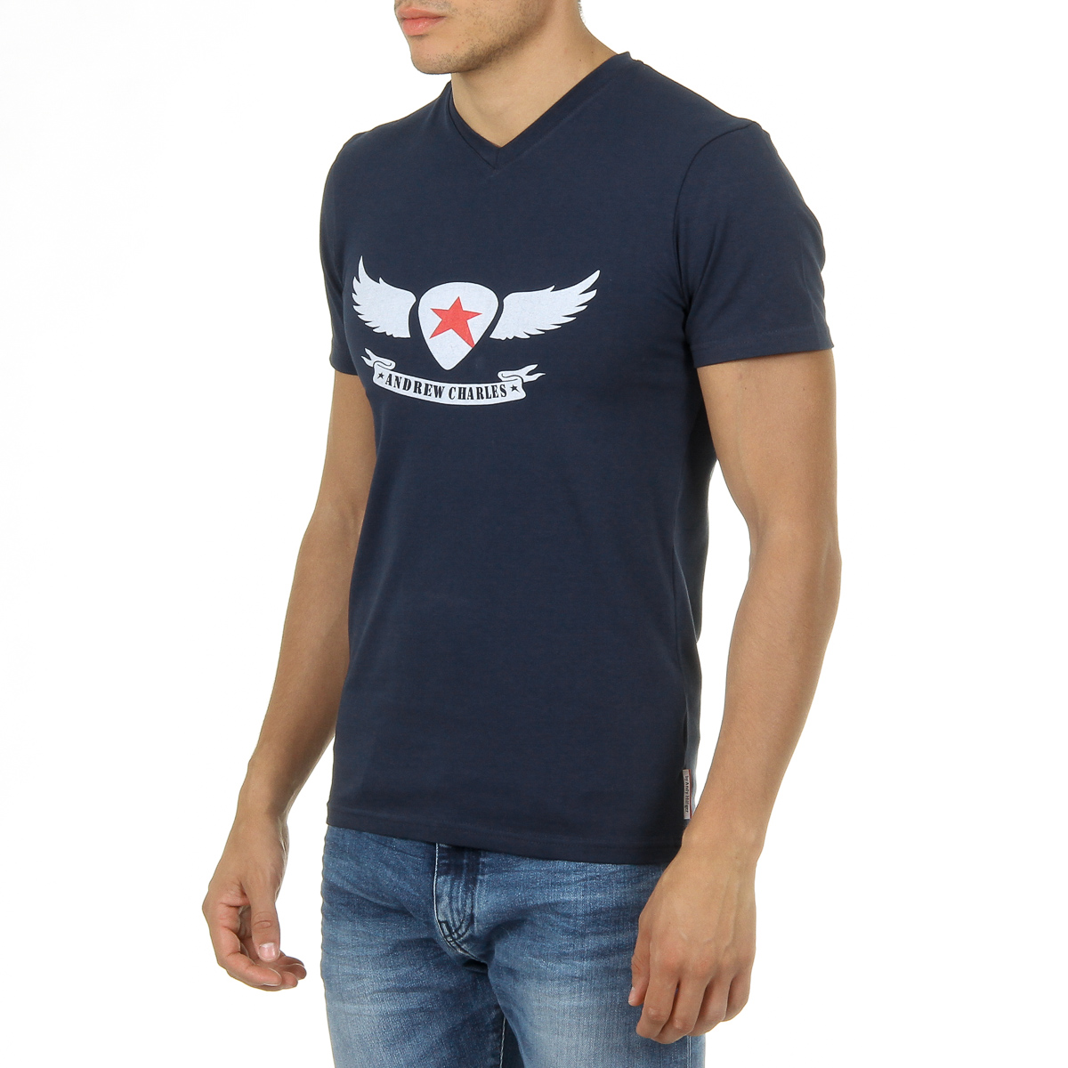 Camiseta Andrew Charles para hombre, manga corta, cuello en V, azul, KENAN