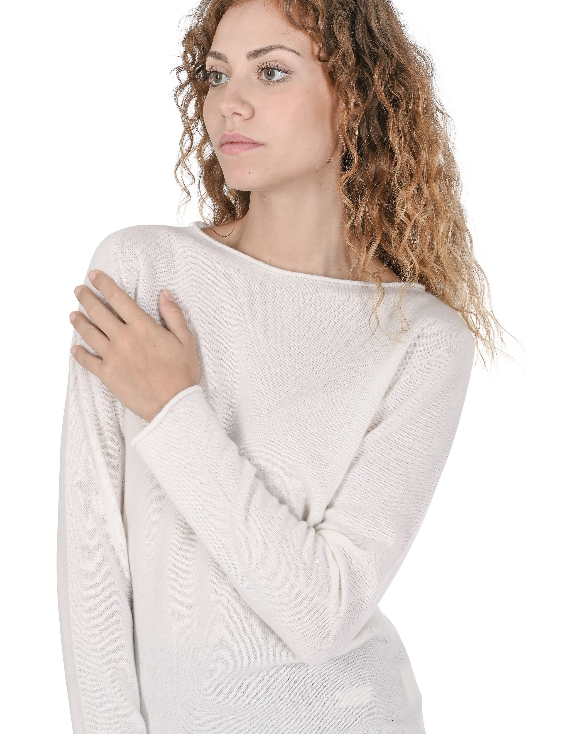 Suéter de cuello barco para mujer de cachemira Crown of Edinburgh COE 0025 CREMA