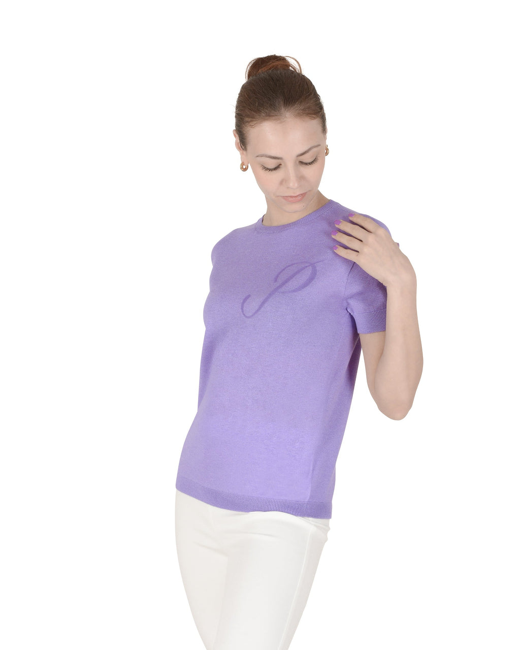 Jersey de cachemira de verano con cuello redondo y manga corta, color lila