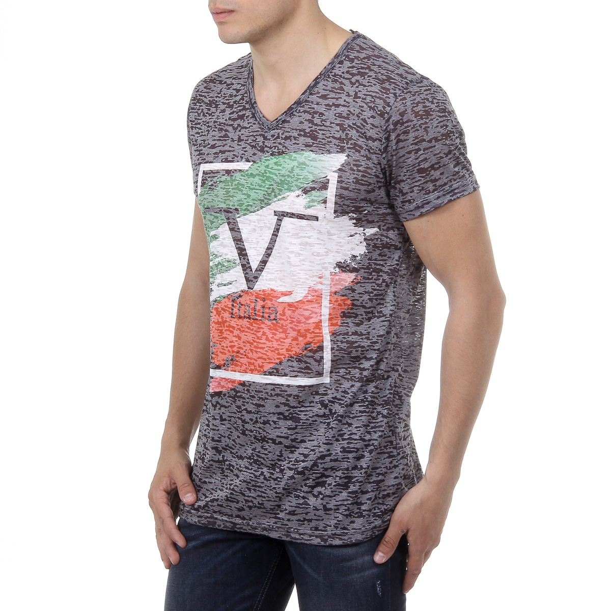 V 1969 Italia Mens T-shirt Short Sleeves V-Neck Black LUCAS