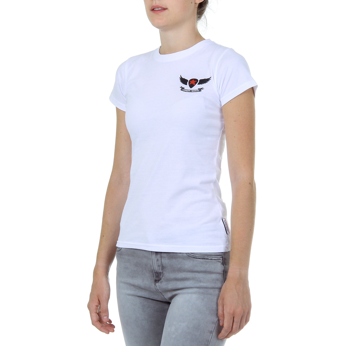 Camiseta Andrew Charles para mujer, manga corta, cuello redondo, color blanco TARANA