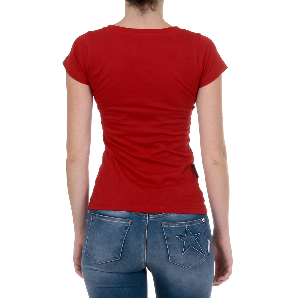 Camiseta Andrew Charles para mujer, manga corta, cuello en V, roja, TAPIWA