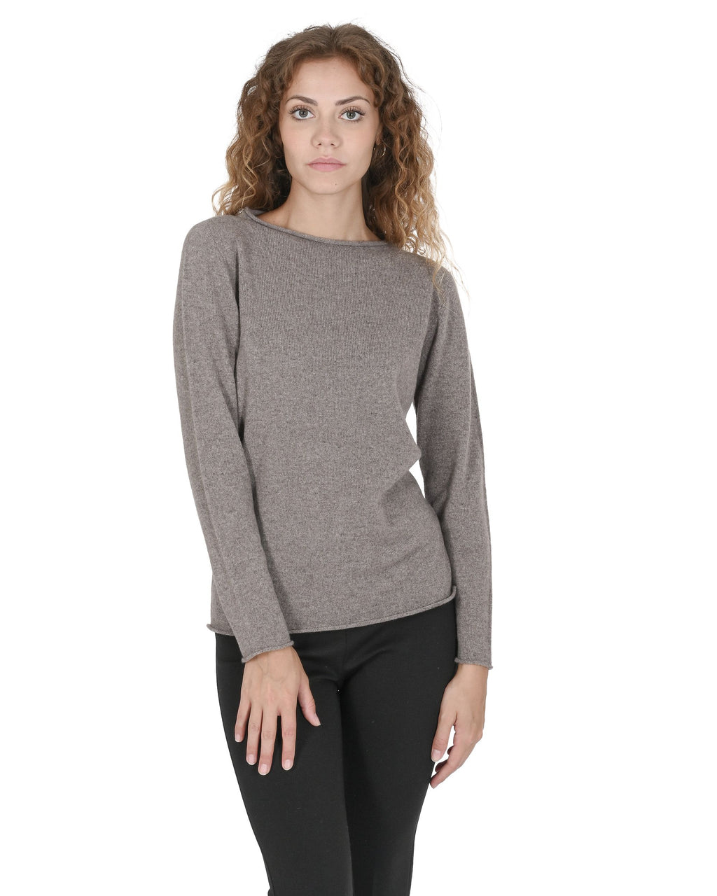 Suéter de cuello barco para mujer de cachemira Crown of Edinburgh COE 0025 TAUPE