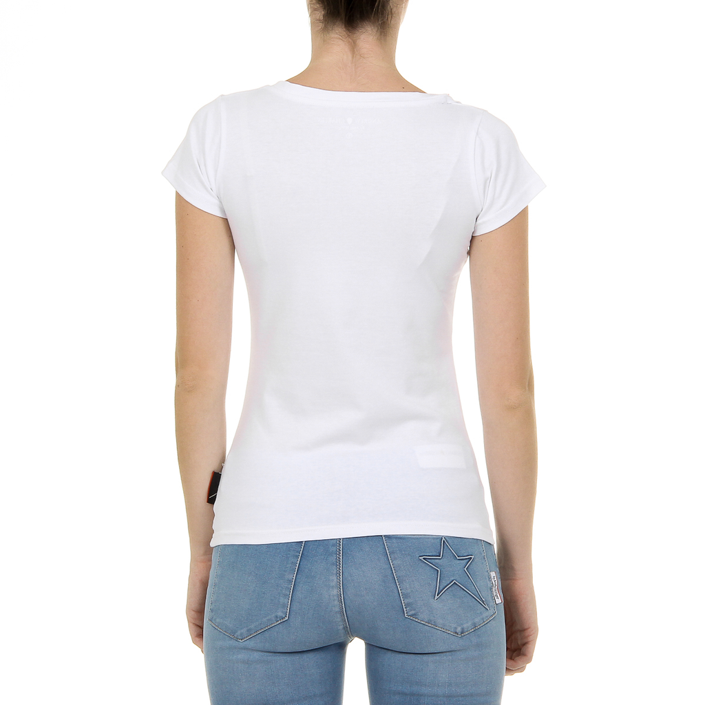 Camiseta Andrew Charles para mujer, manga corta, cuello en V, blanca, TAPIWA