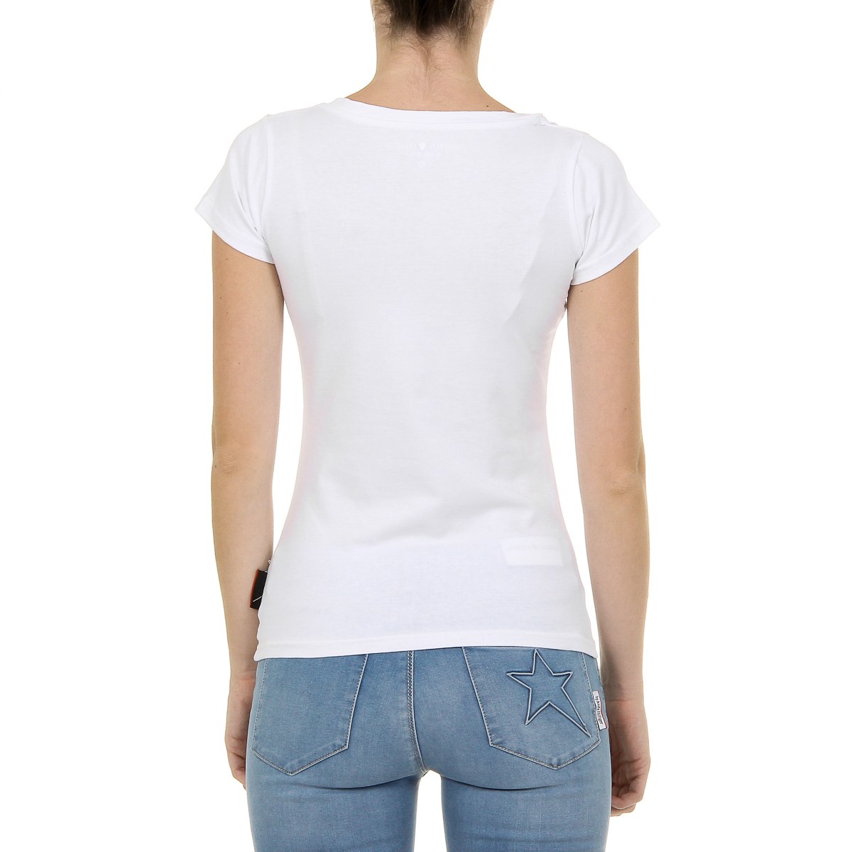 Camiseta Andrew Charles para mujer, manga corta, cuello en V, blanca, TAPIWA
