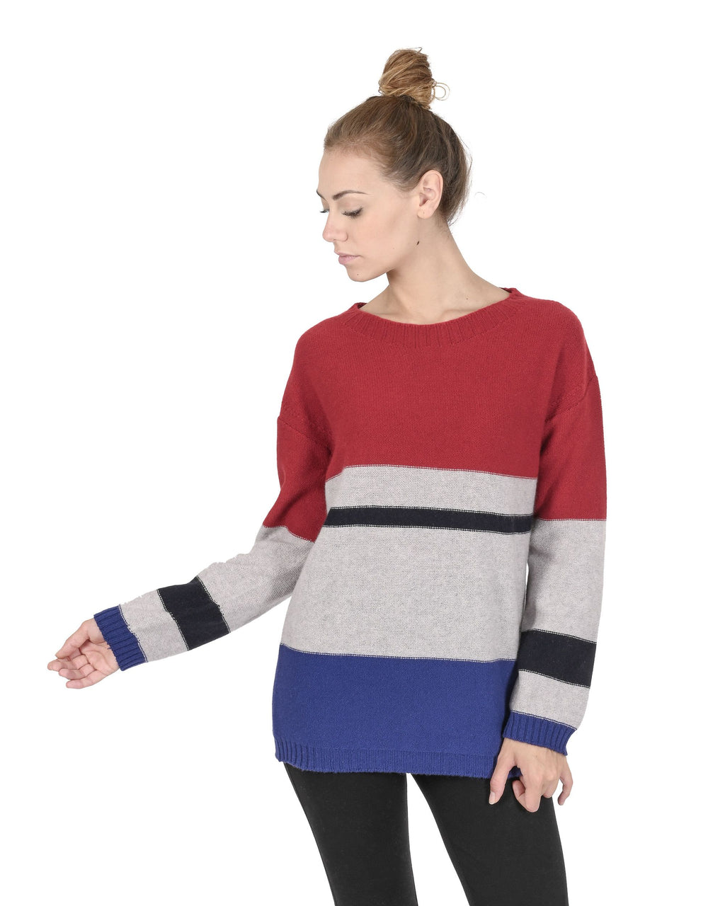 Suéter de cuello barco para mujer de cachemira Crown of Edinburgh COE 0017 ROJO/GRIS/AZUL