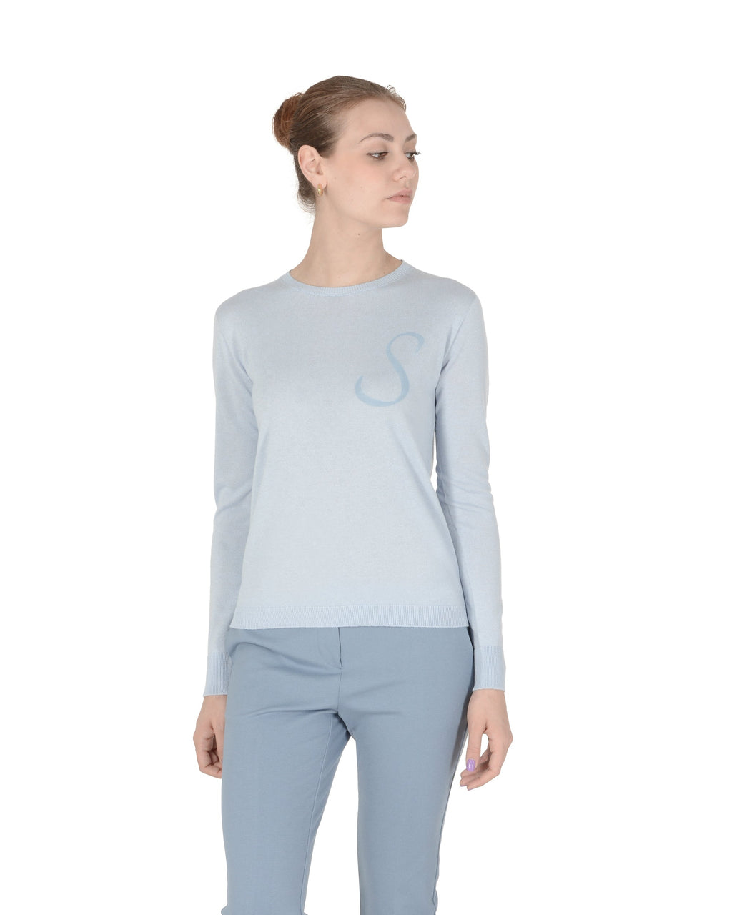 Jersey de cachemira de verano con cuello redondo y manga larga, azul claro