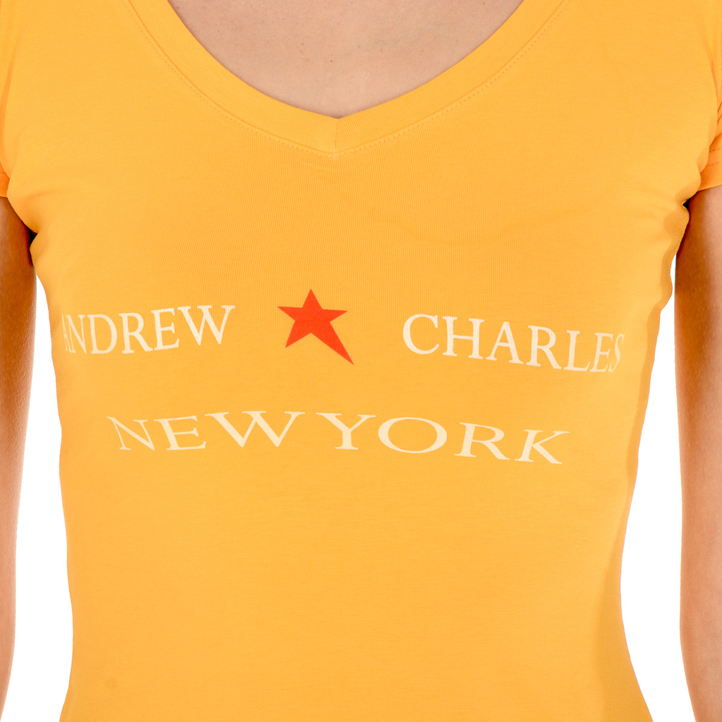 Camiseta Andrew Charles para mujer, manga corta, cuello en V, amarilla, TAPIWA