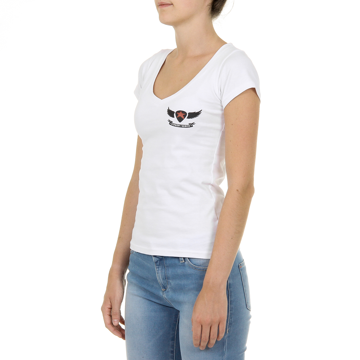 Camiseta Andrew Charles para mujer, manga corta, cuello en V, blanca, TAPIWA