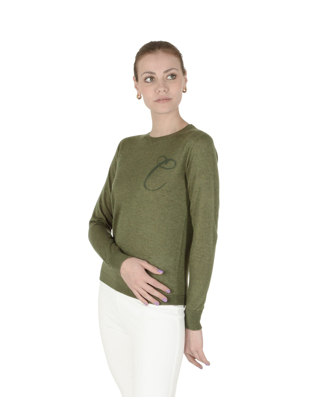 Jersey de cachemira de verano con cuello redondo y manga larga, color verde