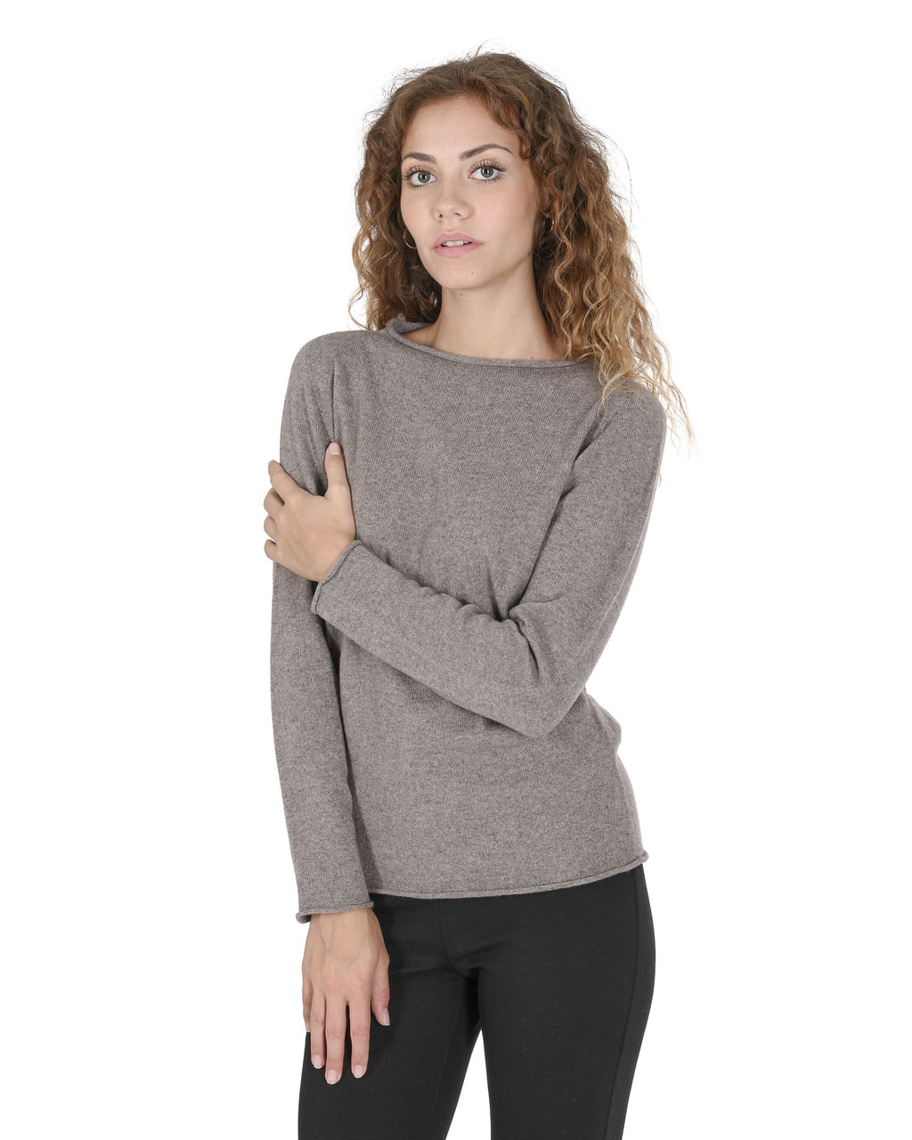 Suéter de cuello barco para mujer de cachemira Crown of Edinburgh COE 0025 TAUPE