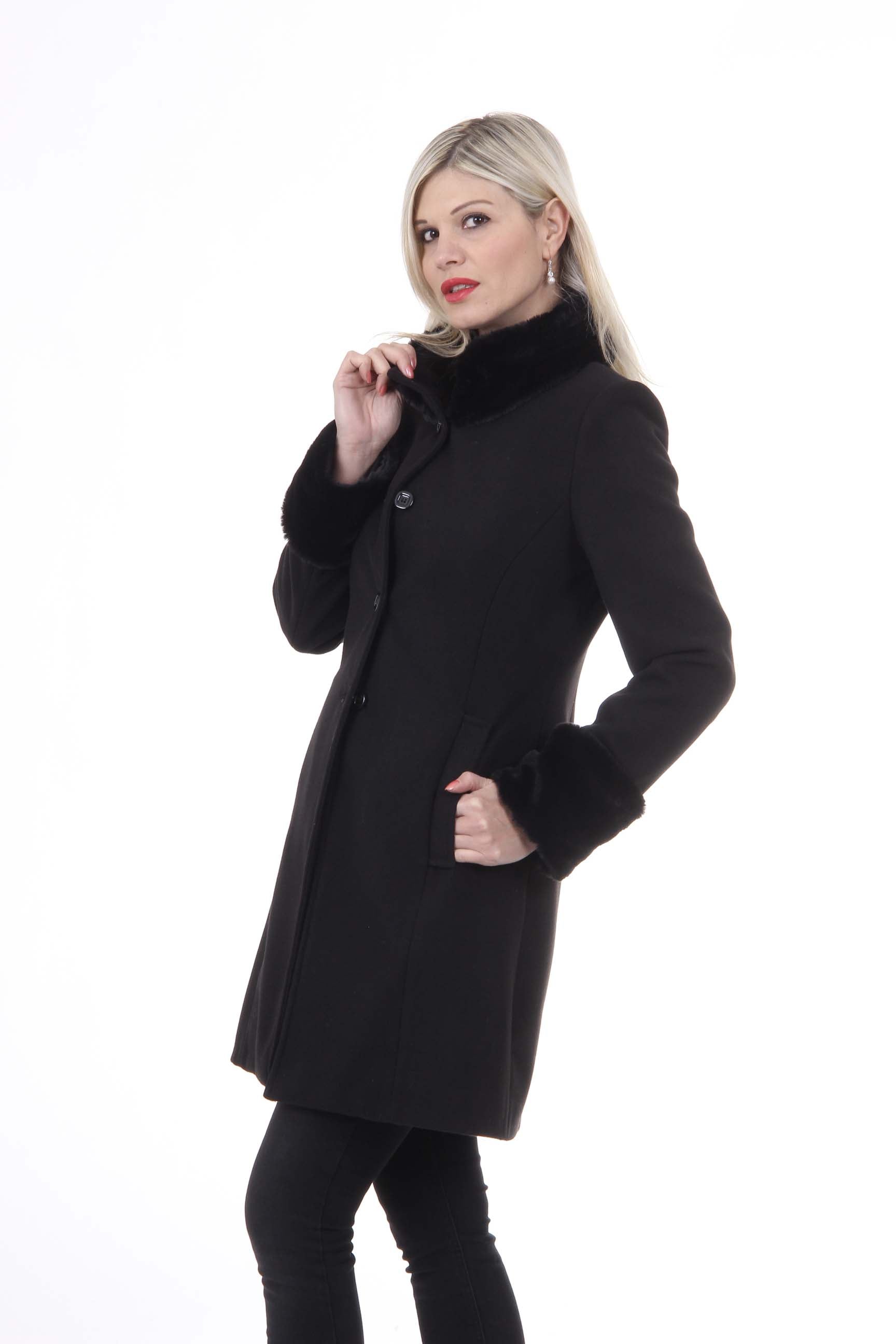 Abrigo de mujer V 1969 Italia CAPPOTTO LINDA TESS. TERCIOPELO + PELLICCIA NERO