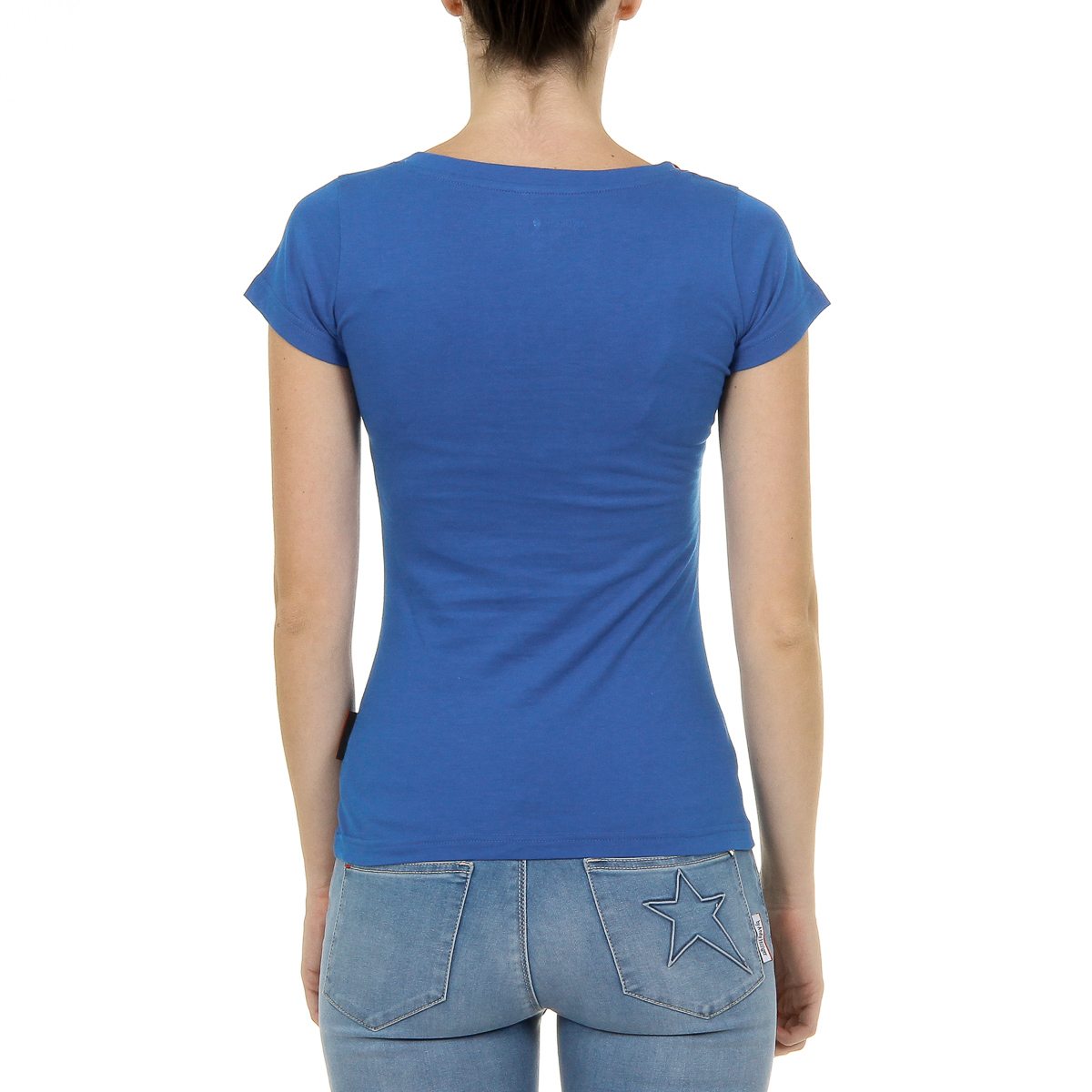 Camiseta Andrew Charles para mujer, manga corta, cuello en V, azul TAPIWA