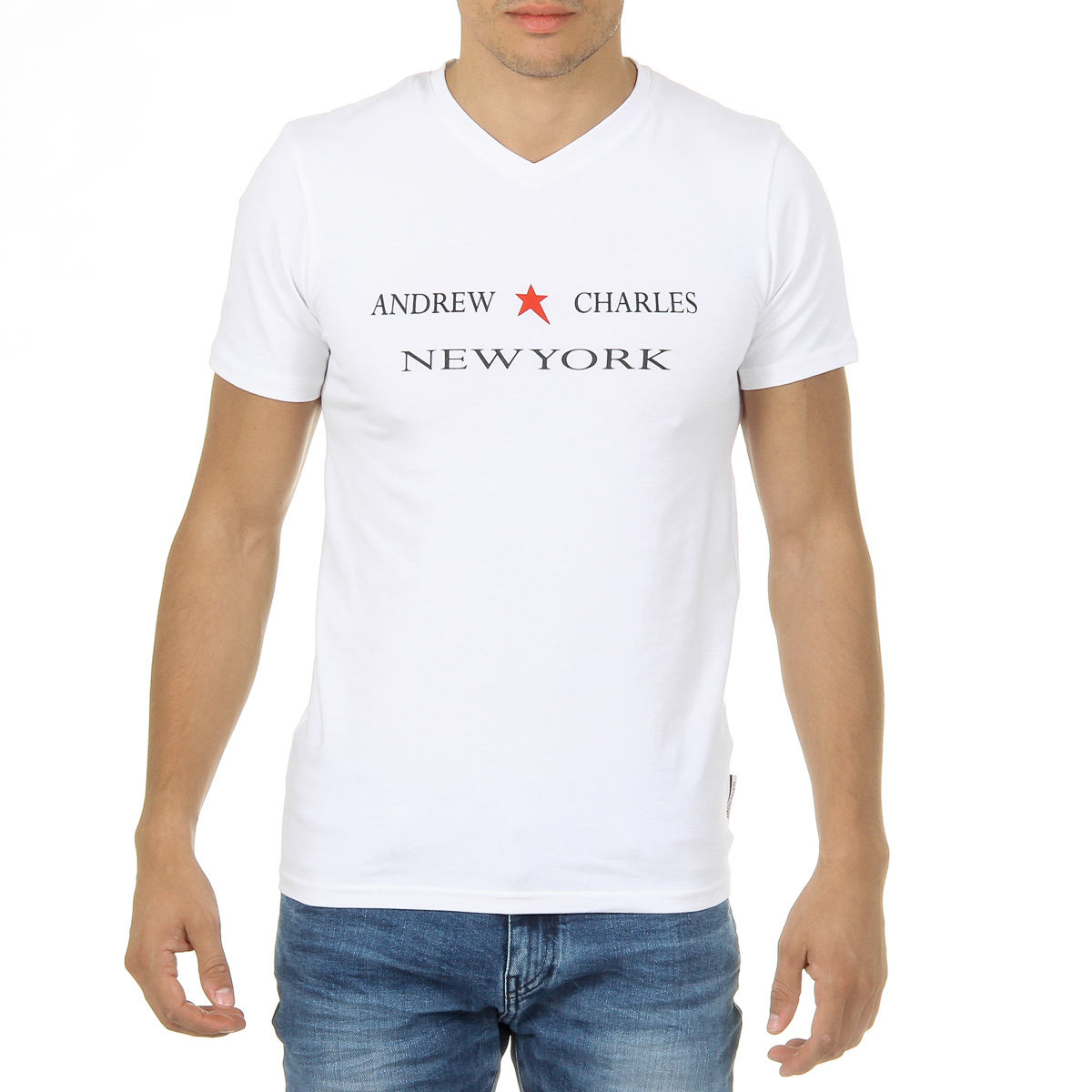 Camiseta Andrew Charles para hombre, manga corta, cuello en V, blanca, KENAN