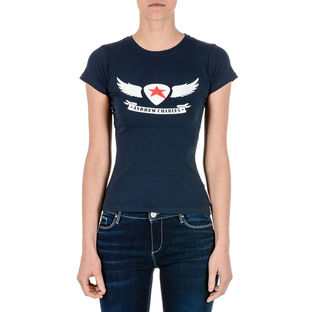 Camiseta Andrew Charles para mujer, manga corta, cuello redondo, azul, TARANA