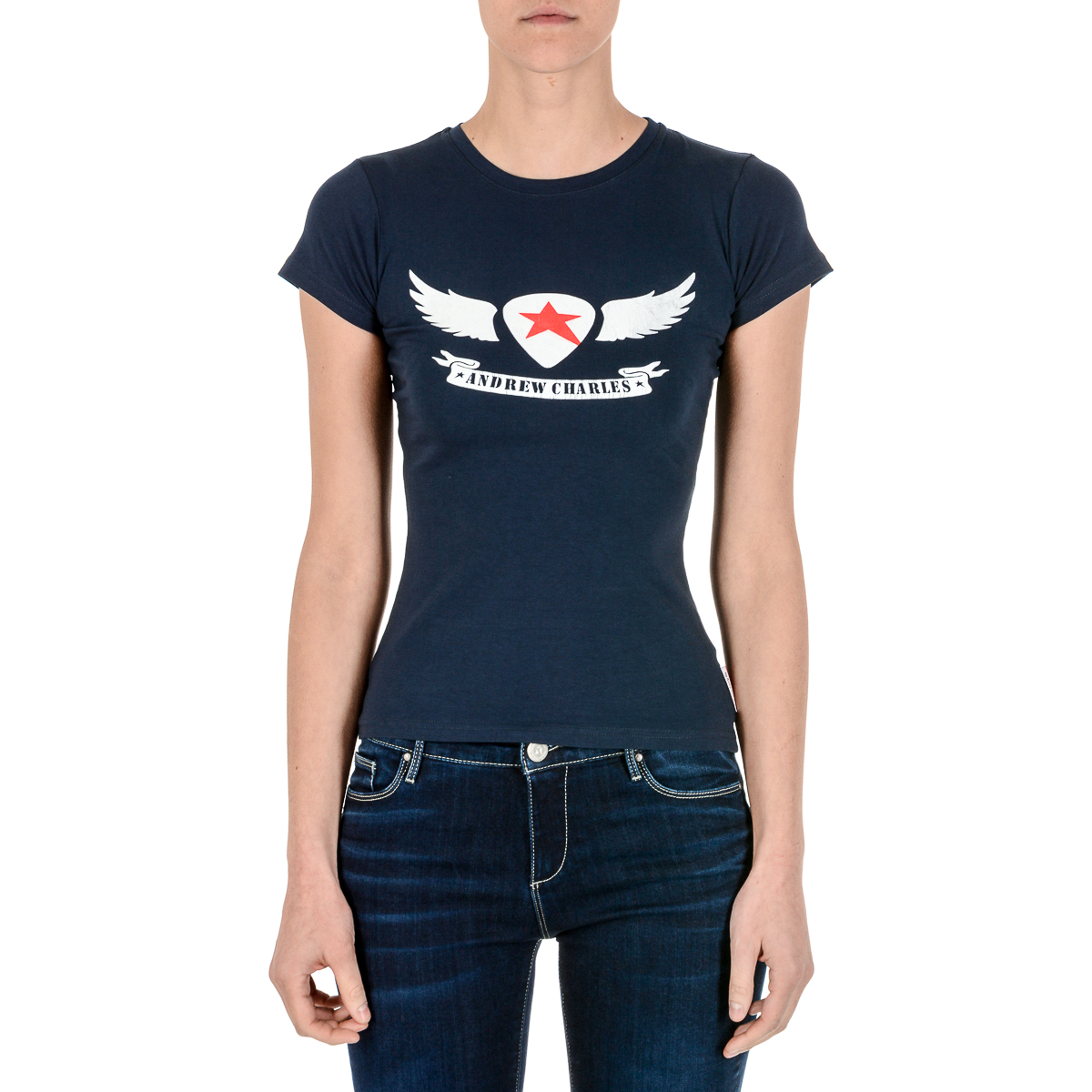 Camiseta Andrew Charles para mujer, manga corta, cuello redondo, azul, TARANA