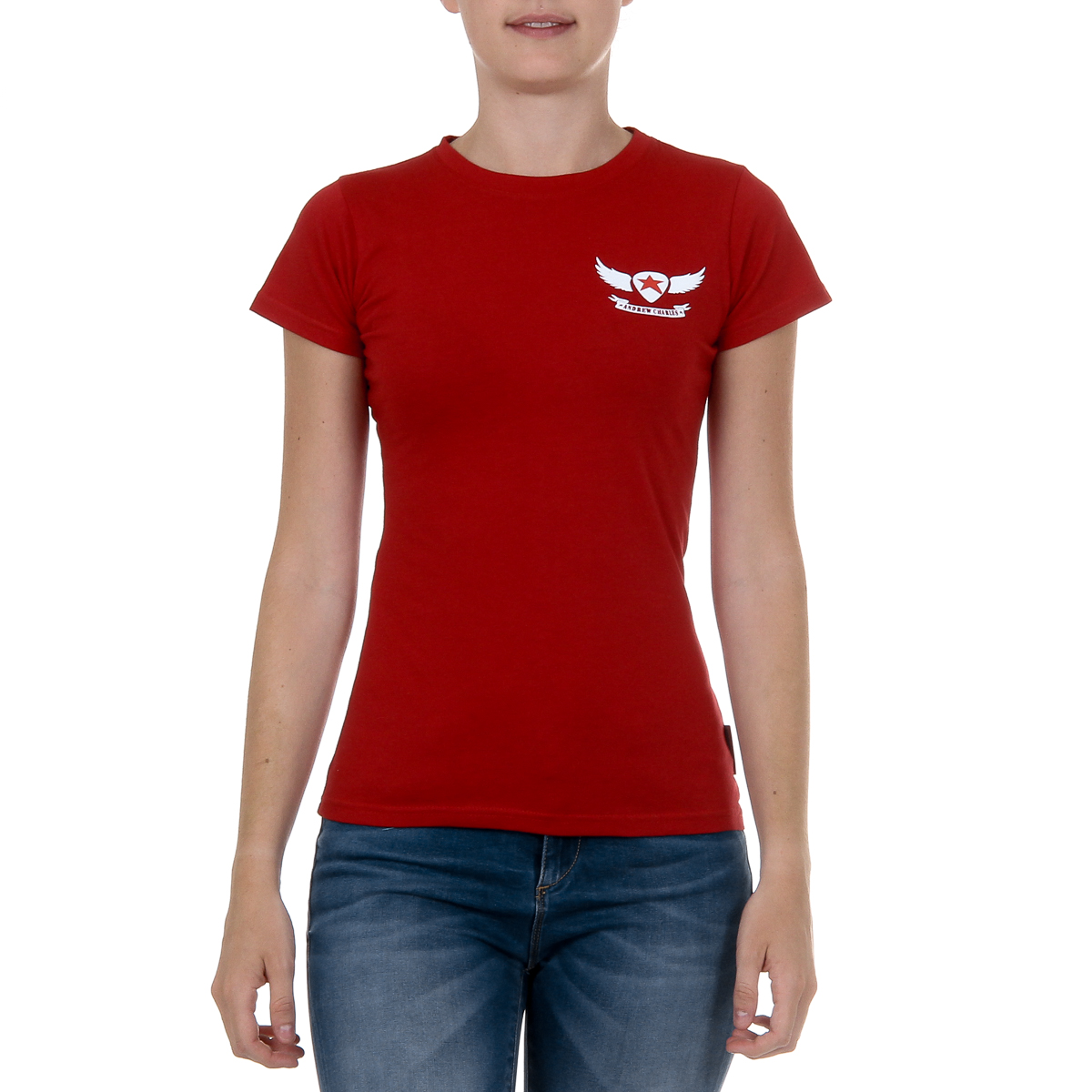 Camiseta Andrew Charles para mujer, manga corta, cuello redondo, color rojo TARANA