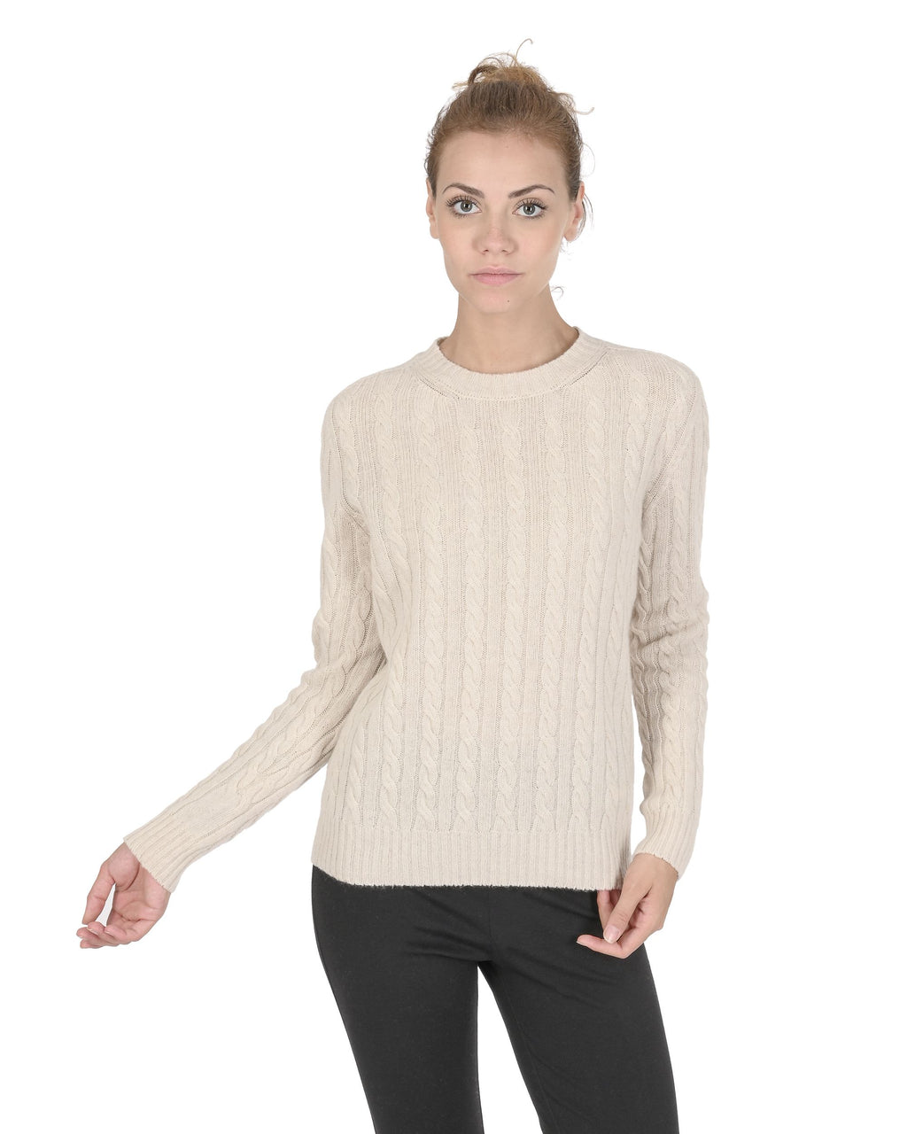 Suéter de cuello redondo para mujer de cachemira Crown of Edinburgh COE 0033 CREMA
