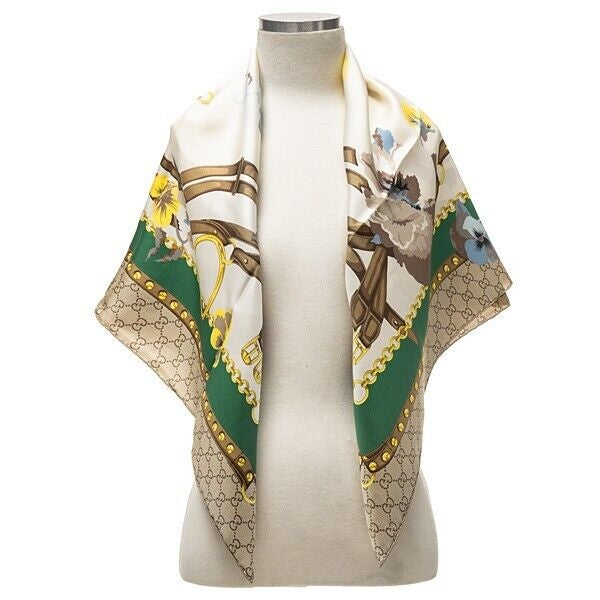 Pañuelo Gucci GG con estampado de monograma 100% seda, 90 x 90 cm, marrón multi