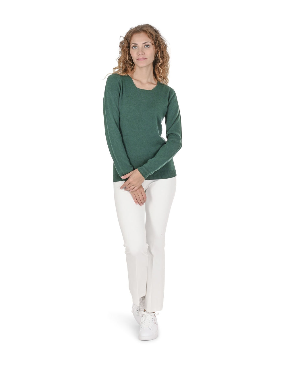 Suéter de cachemira para mujer con cuello cuadrado Crown of Edinburgh COE 0024 VERDE BOTELLA