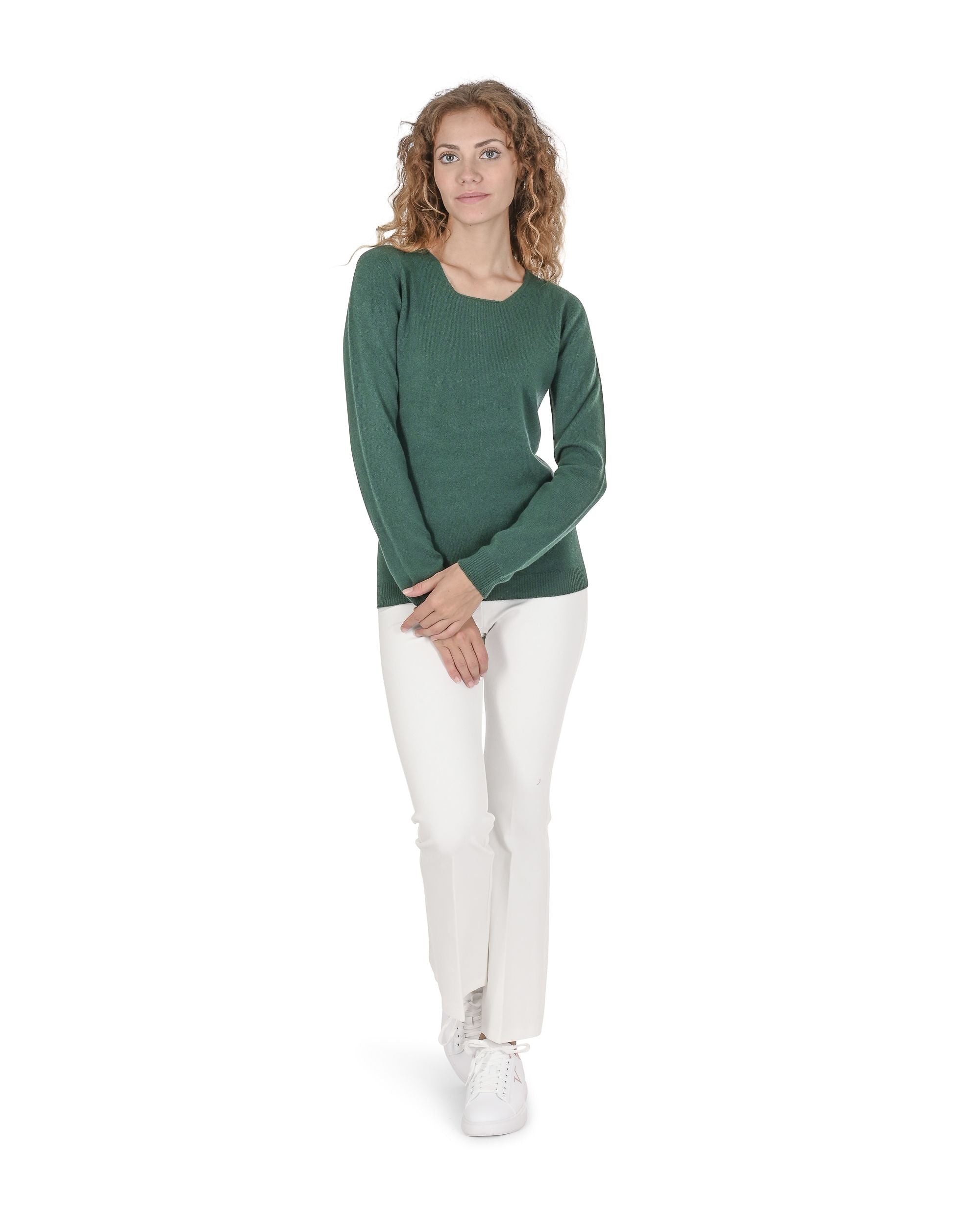 Suéter de cachemira para mujer con cuello cuadrado Crown of Edinburgh COE 0024 VERDE BOTELLA