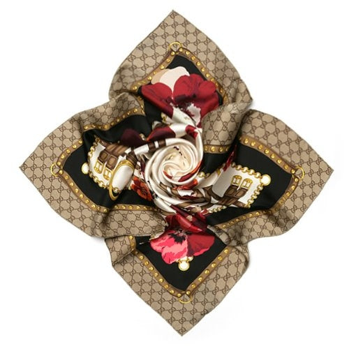 Pañuelo Gucci GG con estampado de monograma 100% seda, 90 x 90 cm, marrón multi