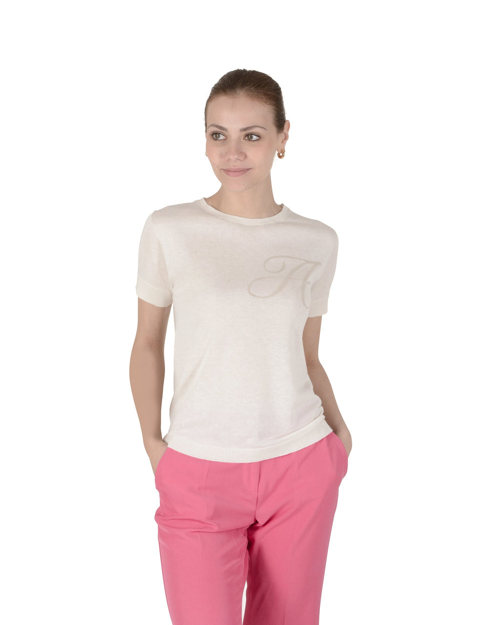Jersey de cachemira de verano, cuello redondo, manga corta, color marfil