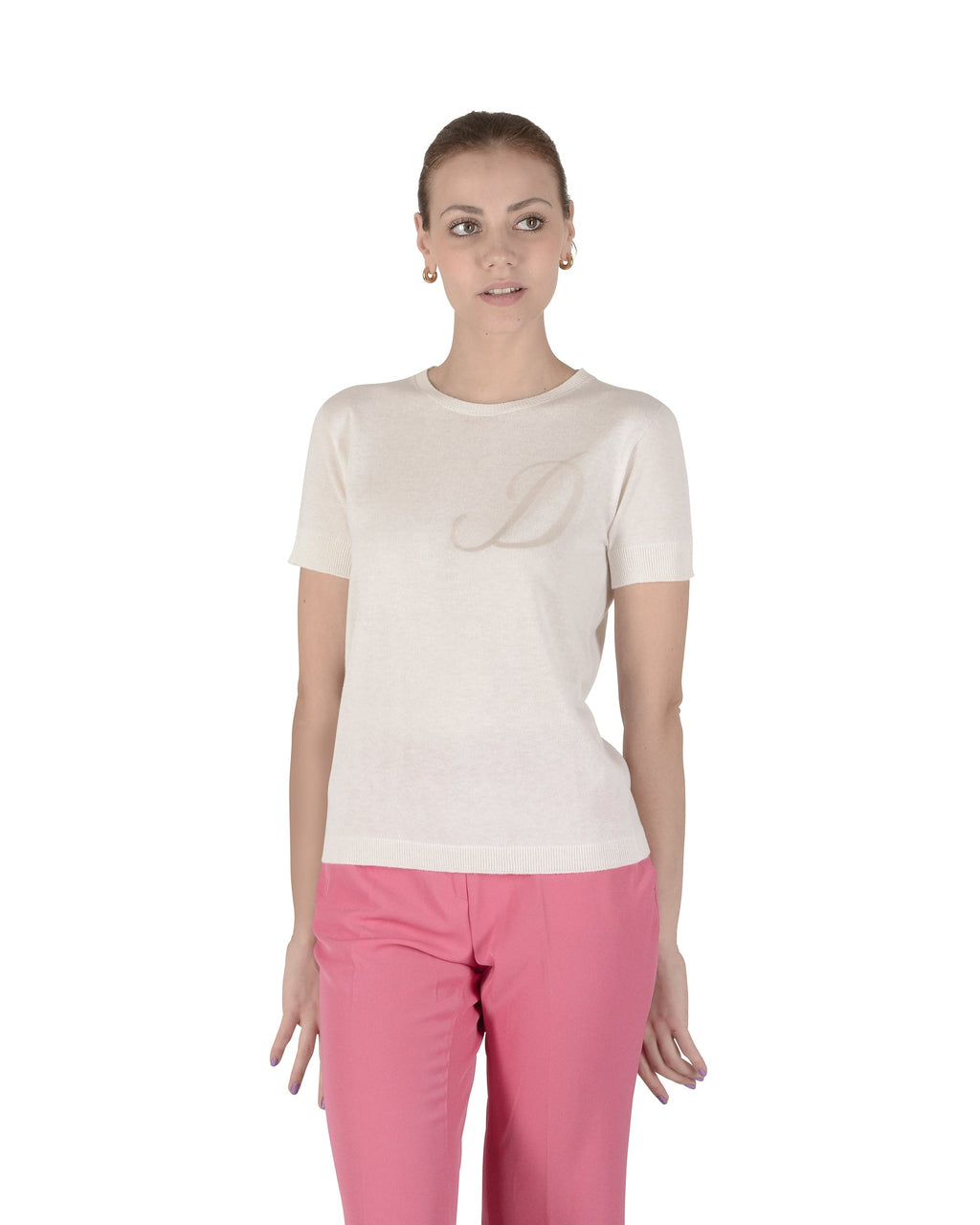 Jersey de cachemira de verano, cuello redondo, manga corta, color marfil